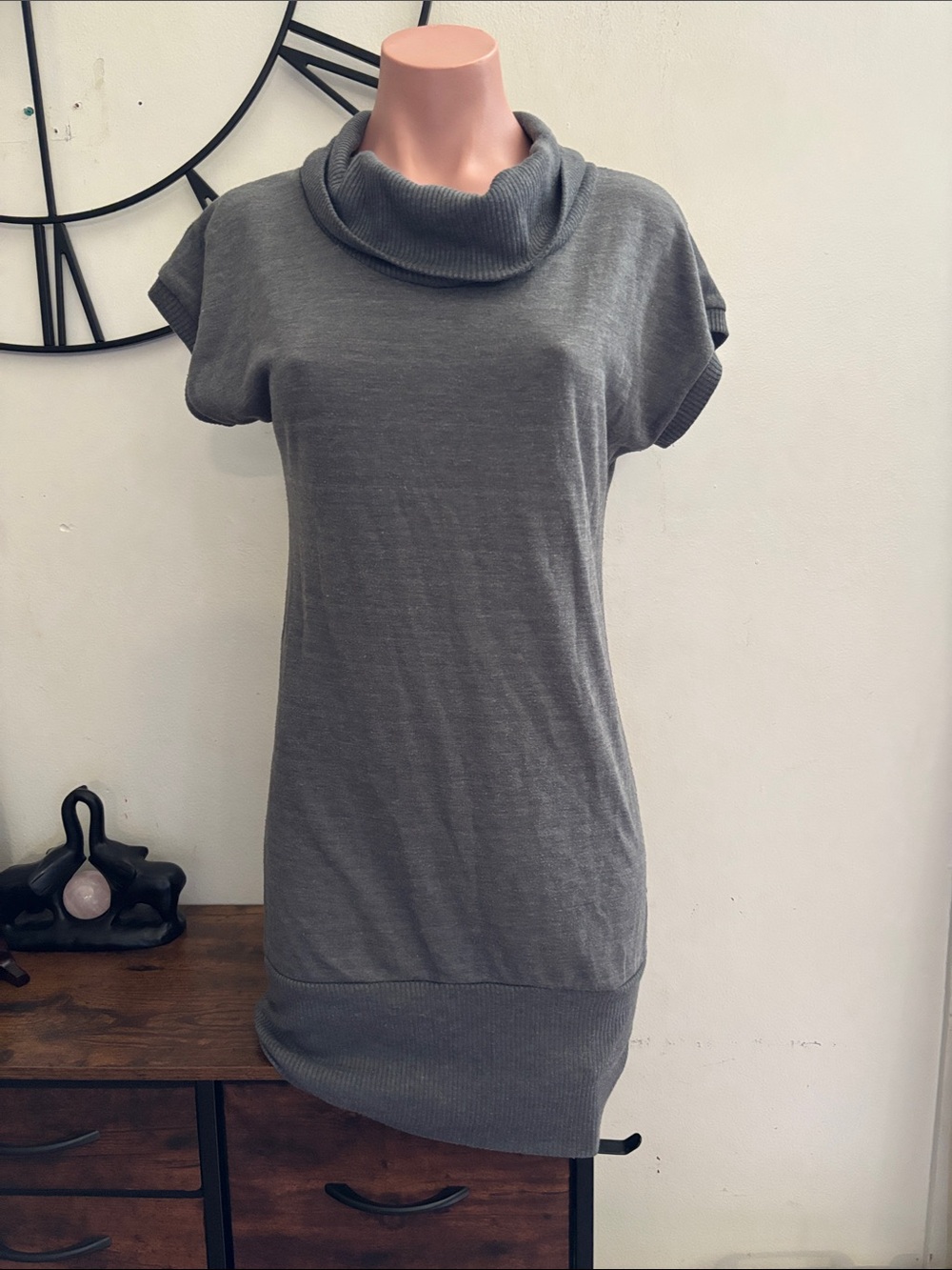 #294 Gray Cowl Neck Short Sleeve Sweater Dress
